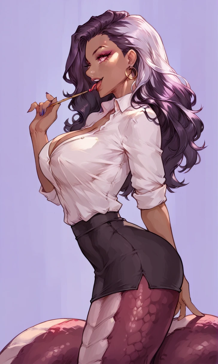 (Alone) Lamia female den, long and blond hair, Lamia, big breasts, attractive, teacher attire, shaped body, lamia glue, spider eyes, Thick, parts, parts on face, cocky eyes, (happy expression , moan with mouth open and tongue out), she is standing, look to the right, violet background, simple background, Muslos Thicks (Dark skin, Ebony, deep Ebony) (side view)