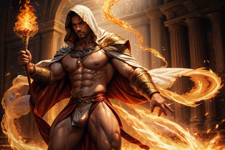 realist, Masterpiece, intricate details, detailed background, depth of field, muscular, Photo of a handsome Latin magician, 15 years, (short white hair), voluptuous crotch, fire spell, Magician, He wears a long cape with a hood, Sexy muscular, wearing thong, Chest focus, incendiary, White skin, pale.