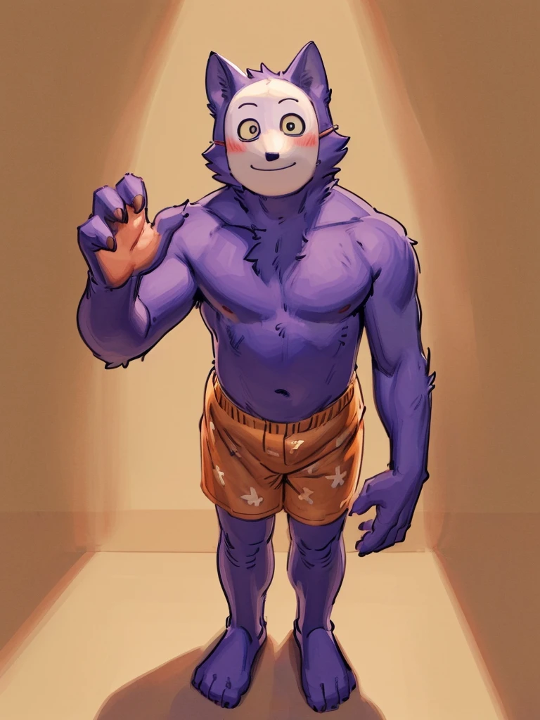 ((Best quality, masterpiece, detailed anatomy, detailed eyes, detailed hands, perfect lighting, perfect shading,)), by Meesh, by Bebebebebe, 1male, Kedamono, Wolf, purple furs, tight body, eyes, mask, skinny chub body, young body, shirtless, orange shorts, barefoot, at the white background 