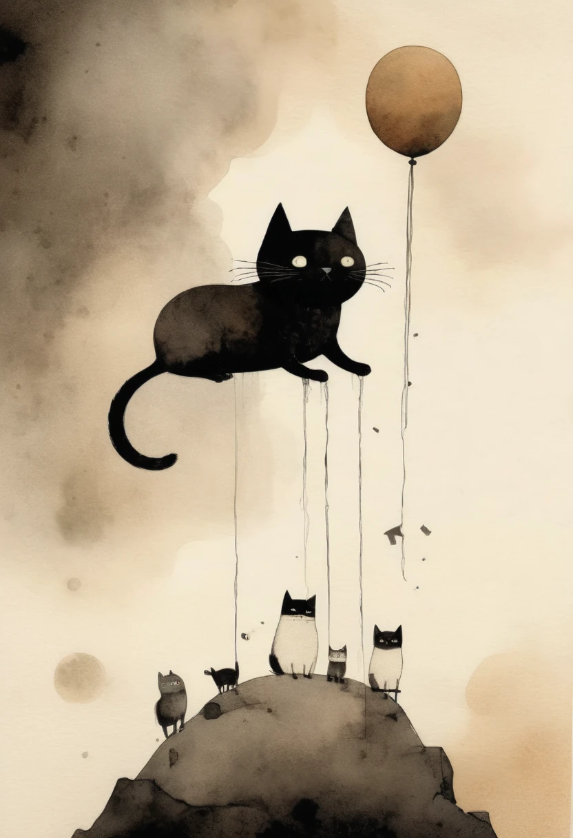 Cats dying from the sky, por Jon Klassen, Best Quality, Masterpiece, 8k, in black Chinese ink and touches of watercolor.