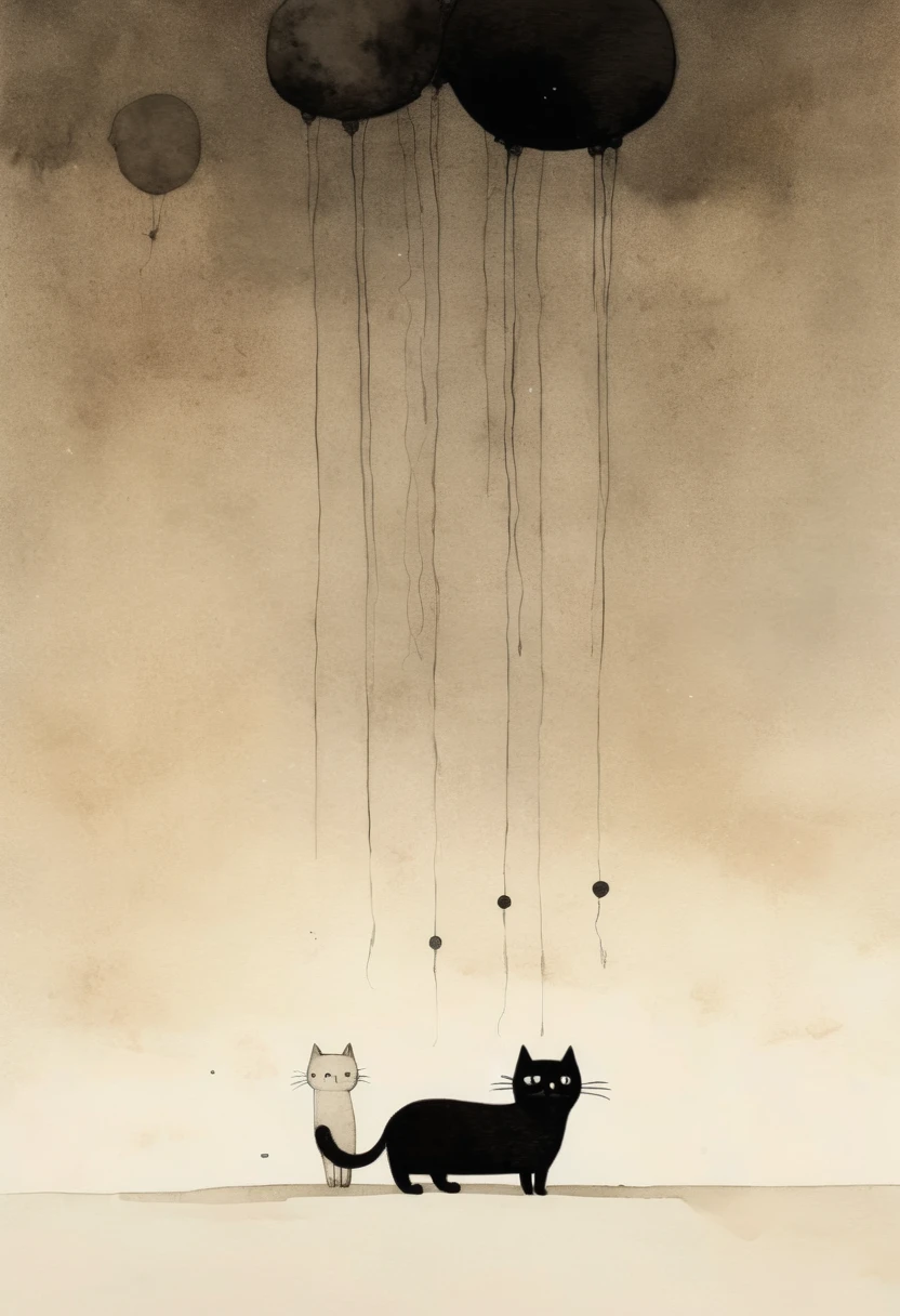 Cats dying from the sky, por Jon Klassen, Best Quality, Masterpiece, 8k, in black Chinese ink and touches of watercolor.