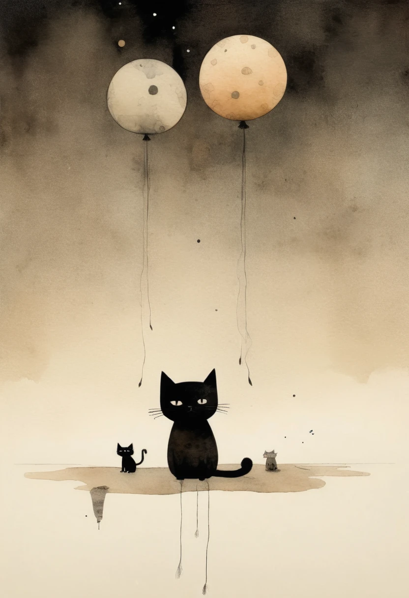 Cats dying from the sky, por Jon Klassen, Best Quality, Masterpiece, 8k, in black Chinese ink and touches of watercolor.