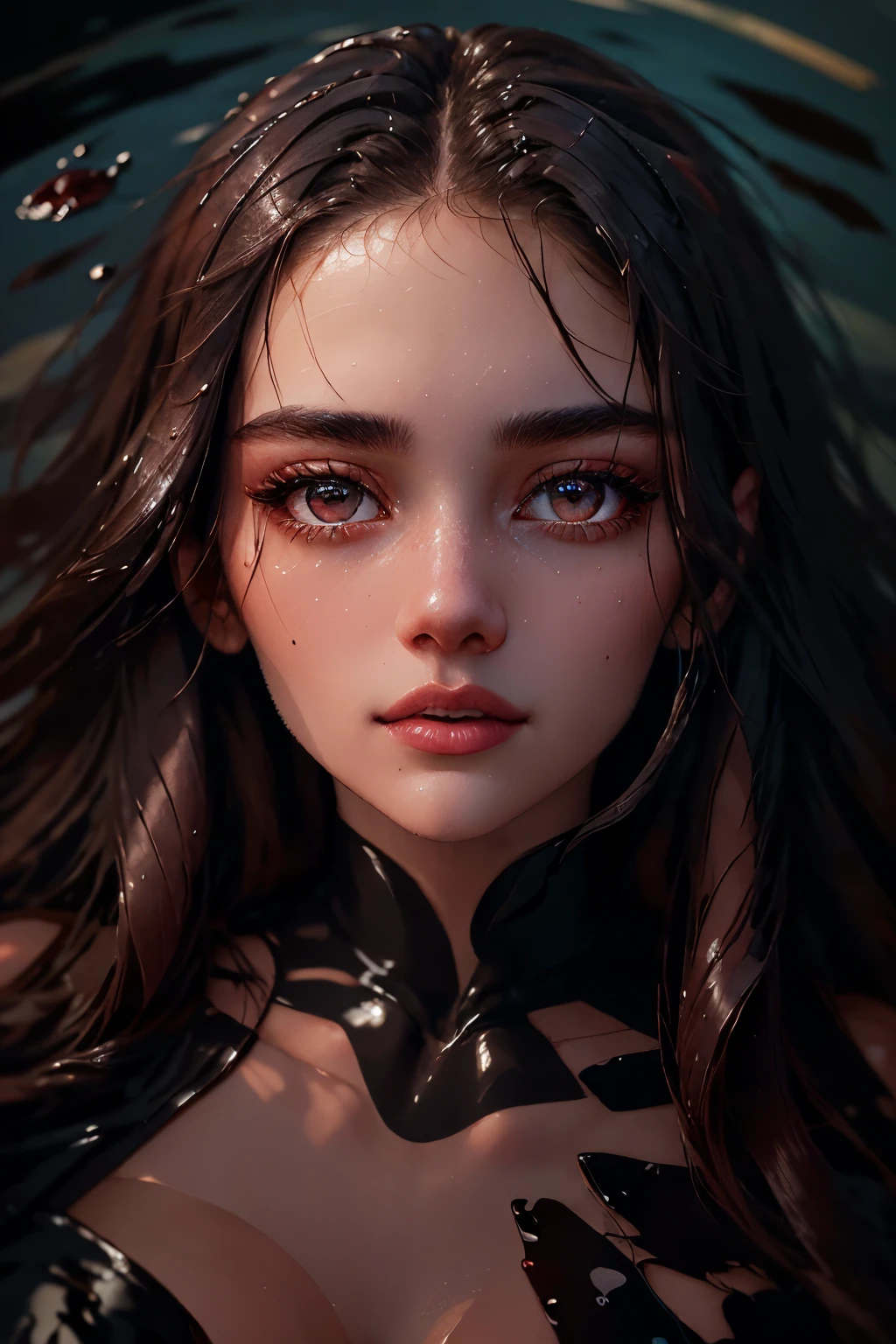 High contrast image, close up image of a maroon leaf with water droplets floating on an icy pond, subtle colored reflected by water droplets reflecting the beauty of a young woman with dark brown eyes, ultra tall ultra beautiful tech fashion woman, high cheekbones,