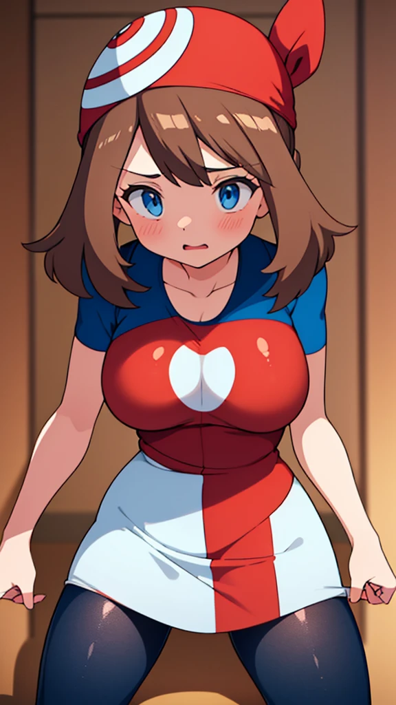 ((Girl having intense vaginal sex with man:1.1)), One girl, 22 years old, May Pokemon, red bandana, Brown Hair, short hair, Blue eyes, Big Breasts, Chest cleavage, Bounce, Thighs, indoor, 32K,Super detailed,Ultra-detailed, {{A Pokémon trainer commands Ditto to transform into an adult May.}}, The perfect Mei, Red clothes,Navy blue leggings under a short white skirt, Mei's outfit, whole body, , {{Metamon transforms into Mei and has super intense vaginal sex with a man}}, NSFW