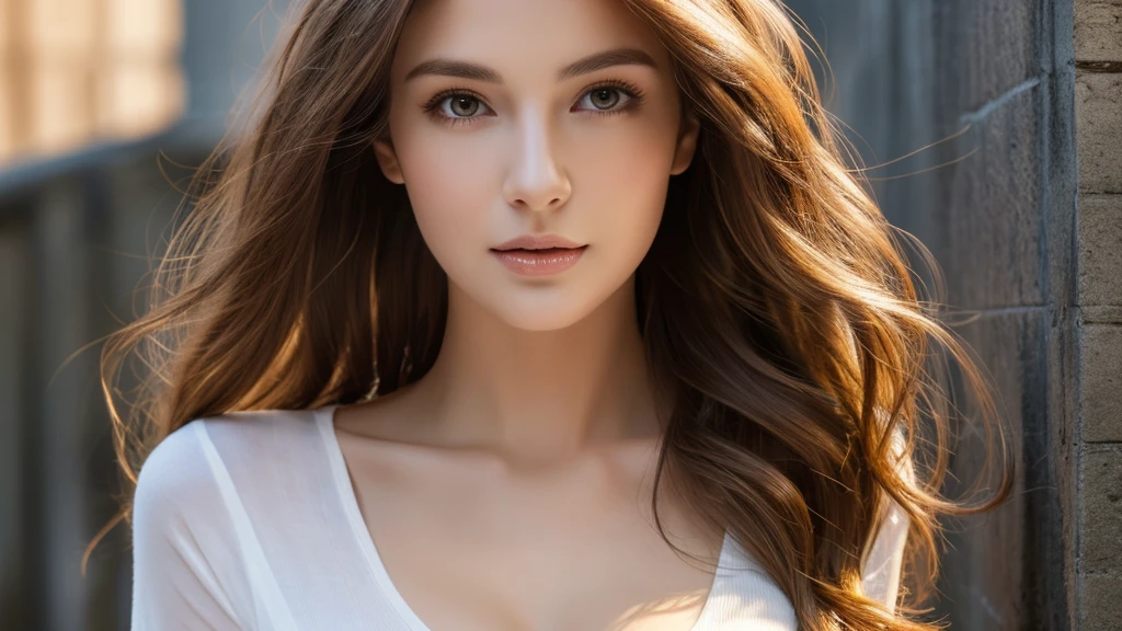 （best quality，High resolution，master piece：1.3），tall and beautiful woman，frontage，Long dark brown hair with loose waves,big breasts，V-neck white shirt，dark alley，Beautifully rendered facial and skin texture details，charming eyes，charming eyes，double eyelid
