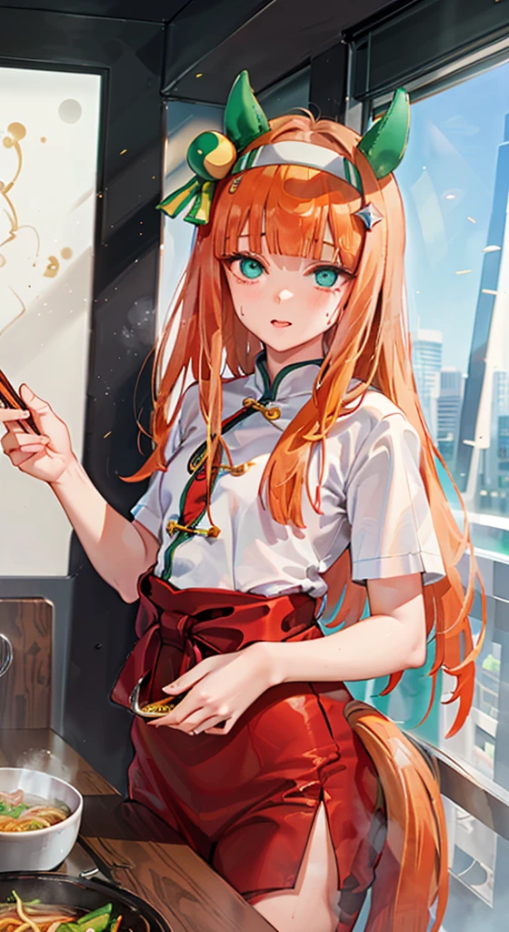 (masterpiece), (Highest quality), (High resolution), (One Girl), Quiet Suzuka, (Uma Musume), Brown Hair, Cyan eyes, (((Small Box:1.4))),Eating ramen with chopsticks, Hold the chopsticks、Slurping ramen(During meals), Open your mouth, Red cheeks, Heavy breathing, (beautiful, Smooth Skin), (((Randomly selected pose))), ((( No extra arms and legs))), (((Randomly selected angle))), (((there are no defects in the body))), (((Lots of details))), ((( The girl has one tail on the hip), (((Random View))), (((Unique photos)), (((Random Angle))))、indoor、Inside a Chinese restaurant、Sit on a chair and eat ramen