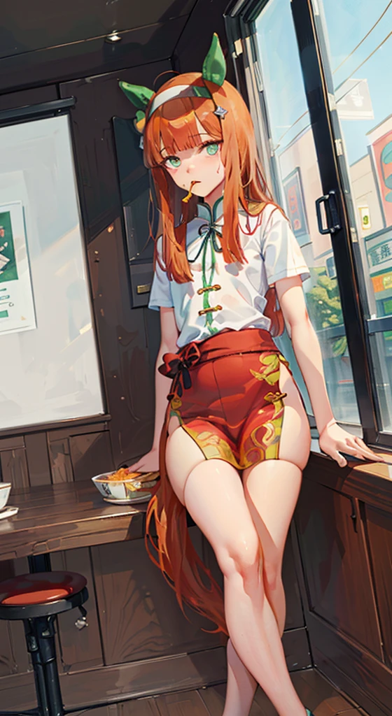 (masterpiece), (Highest quality), (High resolution), (One Girl), Quiet Suzuka, (Uma Musume), Brown Hair, Cyan eyes, (((Small Box:1.4))),Eating ramen with chopsticks, Hold the chopsticks、Slurping ramen(During meals), Open your mouth, Red cheeks, Heavy breathing, (beautiful, Smooth Skin), (((Randomly selected pose))), ((( No extra arms and legs))), (((Randomly selected angle))), (((there are no defects in the body))), (((Lots of details))), ((( The girl has one tail on the hip), (((Random View))), (((Unique photos)), (((Random Angle))))、indoor、Inside a Chinese restaurant、Sit on a chair and eat ramen