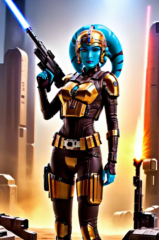 A ((female Twi'lek ))Mandalorian, detailed futuristic armor, intricate helmet, jetpack, blaster rifle, epic pose, dramatic lighting, gritty sci-fi atmosphere, cinematic, dramatic colors, highly detailed, 8k, photorealistic, masterpiece female Twi'lek
