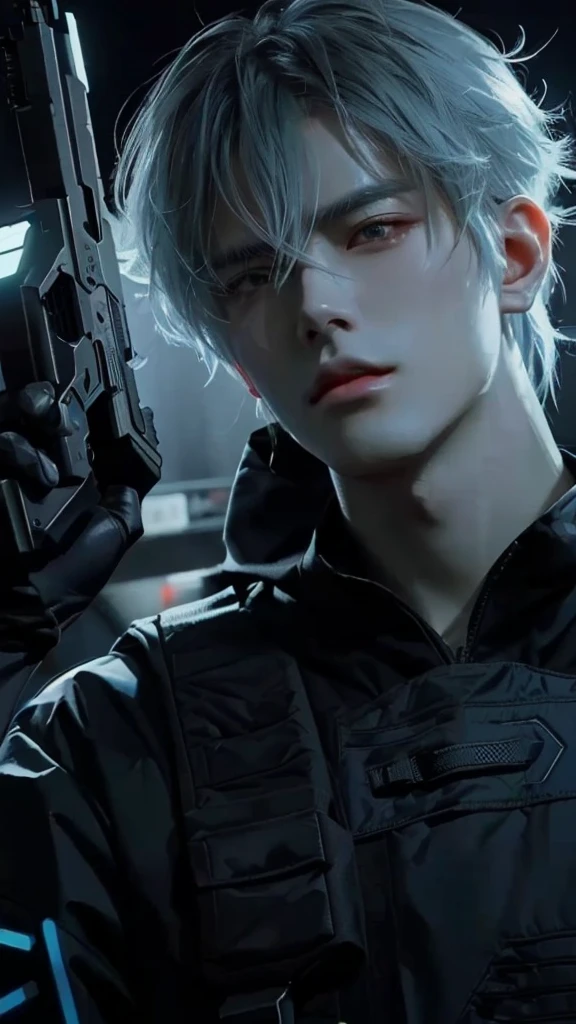 a man with a gun in his hand and a black shirt, inspiration from Yanjun Cheng, by Yang J., artwork in the style of guweiz, modern cyberpunk anime, cai xukun, anime ciberpunk, trend on artstation pixiv, v the devil can cry like an elf, cyberpunk anime digital art, highly detailed exquisite fanart, anime rudo 8k