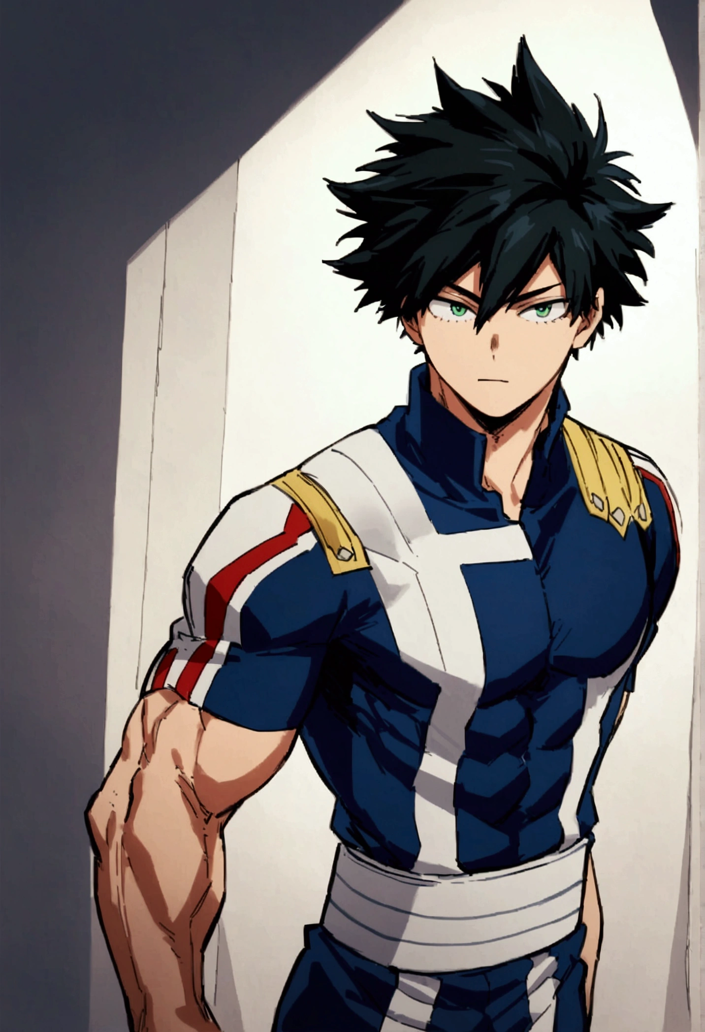 He is a , He has slightly disheveled very black hair..., somewhat light green eyes, (front angle ), (Student id card my hero academy)  , muscular body , He is dressed in the anime uniform. "my hero academia"