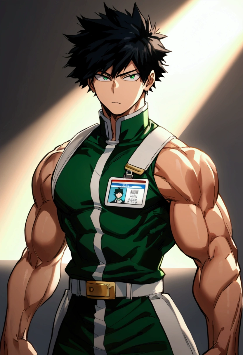 He is a 17 year old teenager, He has slightly disheveled very black hair..., somewhat light green eyes, (front angle ), (Student id card my hero academy)  , muscular body , He is dressed in the anime uniform. "my hero academia"