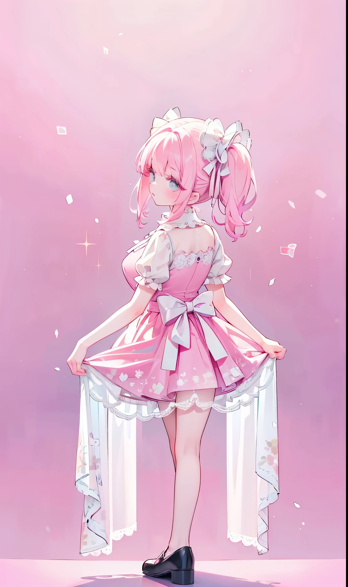 (masterpiece:1.2), best quality, highres, original, (extremely detailed:1.2), ultra-detailed, wallpaper, perfect lighting,(extremely detailed CG:1.2), 8k, 1girl, solo, kawaii, (twintails, pink hair:1.1), (Lolita Fashion, pink dress, short-sleeves, bowknot on waistline, lace hemline, knee-length dress, delicate dress:1.2), (anatomically correct:1.3), standing, close-up, from behind, view of back, (dreamlike background, pink background, girly background:1.2)