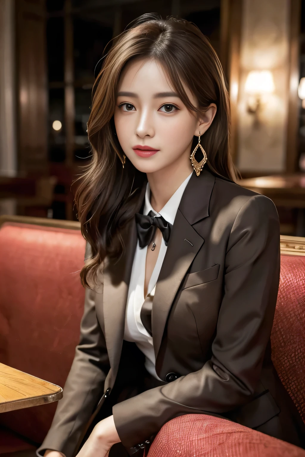 masterpiece, Highest quality, Realistic, Very detailed, Finer details, High resolution, 8k wallpaper, One beautiful woman, Wear a nice suit, In a great restaurant, At night, Light brown messy hair, Perfect dynamic composition, Beautiful and beautiful eyes、Big earrings、Sit on the sofa、