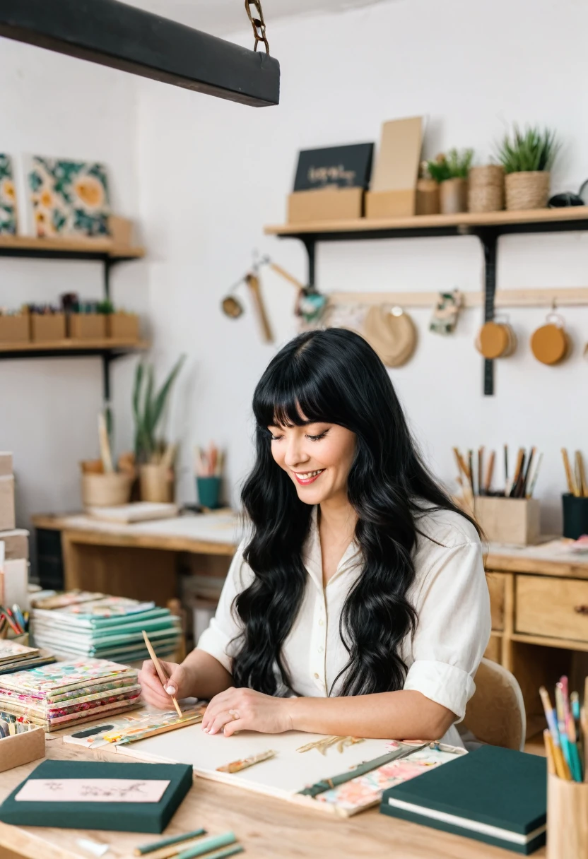 A woman with long, wavy, black hair and short bangs, she works with handmade stationery, personalized products and wants to showcase her work. She is in her production studio.