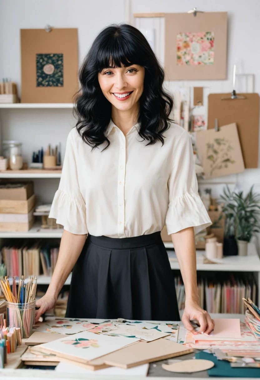 A woman with long, wavy, black hair and short bangs, she works with handmade stationery, personalized products and wants to showcase her work. She is in her production studio.