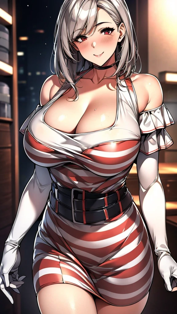 8k，best quality，masterpiece，Very detailed，Semi-realistic，a girl，White off-shoulder top，White gloves，White and red striped tight skirt，silver short hairstyle，Red eyes，Makeup Eyeshadow，Lipstick，Smile，science fiction apocalypse，Fighter warehouse，chest mecha，Large Breasts，Arm mecha，Mecha belt