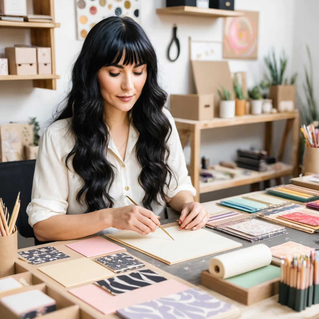 A woman with long, wavy, black hair and short bangs, she works with handmade stationery, personalized products and wants to showcase her work. She is in her production studio.