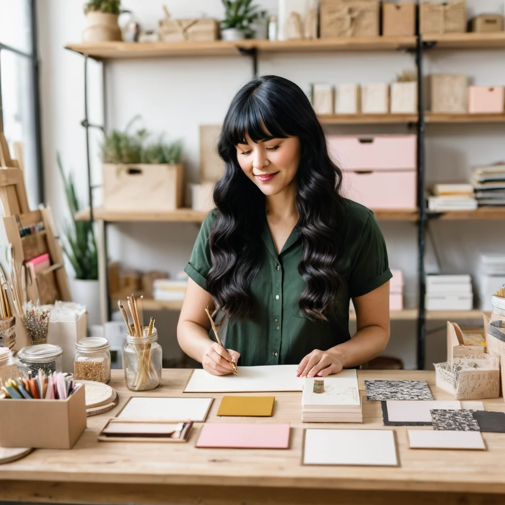 A woman with long, wavy, black hair and short bangs, she works with handmade stationery, personalized products and wants to showcase her work. She is in her production studio.