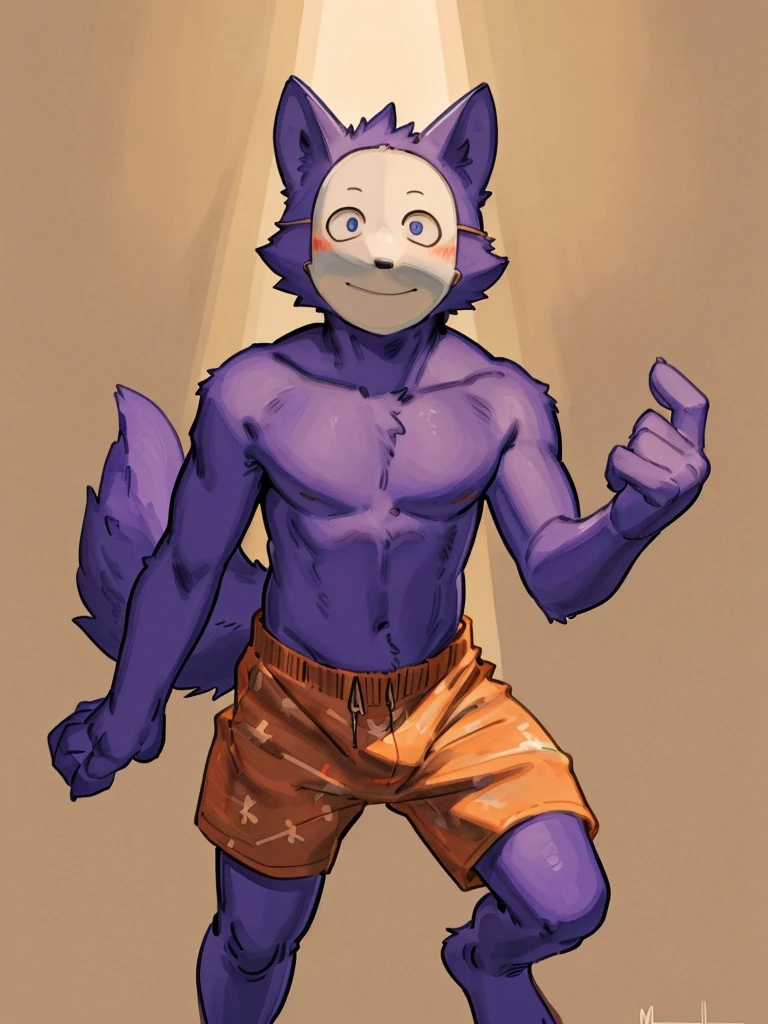 ((Best quality, masterpiece, detailed anatomy, detailed eyes, detailed hands, perfect lighting, perfect shading,)), by Buta99, by Meesh, 1male, Kedamono, Wolf, purple furs, tight body, eyes, mask, skinny chub body, young body, shirtless, orange shorts, barefoot, at the white background 