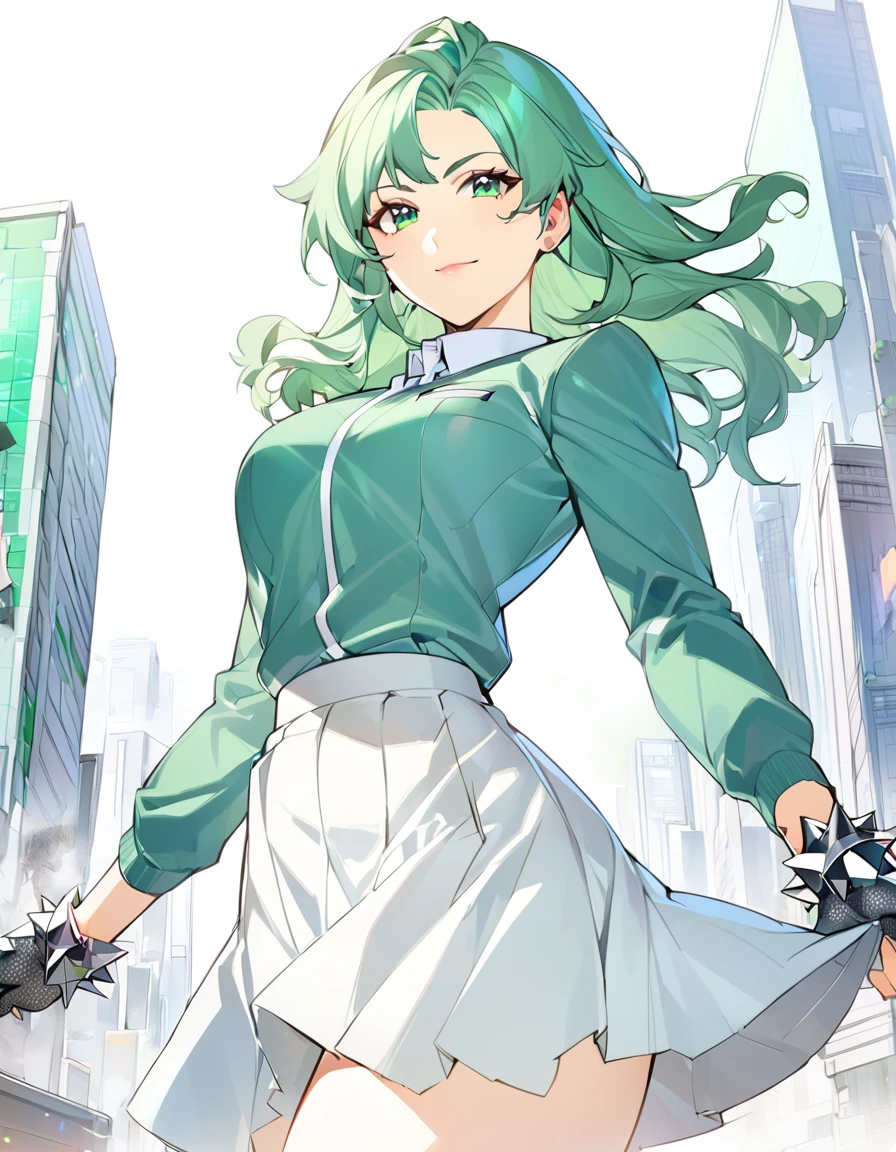 Anime, 1 girl, solo, kimtag, Fluffy hairstyle, vivid-green colored hair, Green eyes, half-smile, busty, firm strong body, student uniform, metallic spiked gloves, Waist chains, medium skirt, background destroied city