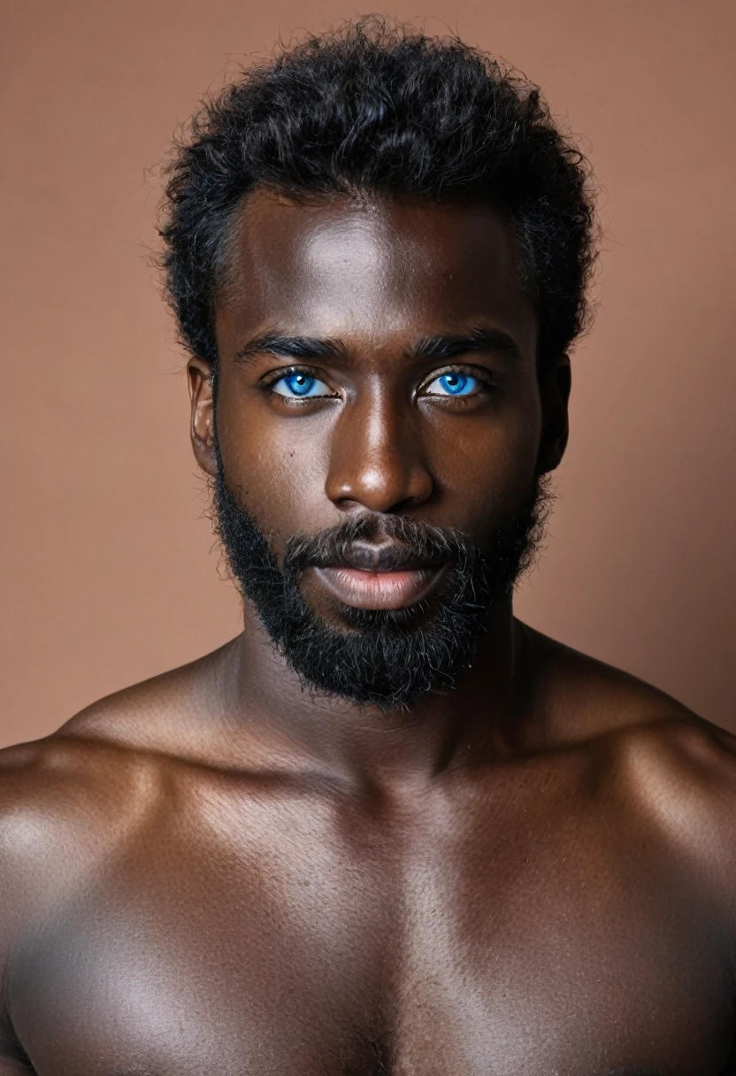 man, 25 years old, very hairy, (blue eyes), (dark skin), handsome, no shirt, hairy chest, from Libia, FUJIFILM, cinematography, 16k, uhd, in a studio