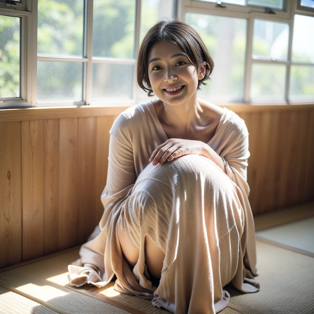 (masterpiece, realistic, photo-realistic:1.2),whole body, finely detail, ultra high res, perfect anatomy, best quality, 8k, soft focus, (happy smile:1.3), 1 woman,Japanese, (black short hair:1.2), beautiful detailed face and big eyes, (white and smooth skin:1.3), natural lighting, film grain, (detailed background, Bedroom with large windows),squatting,(completely nude:1.3)