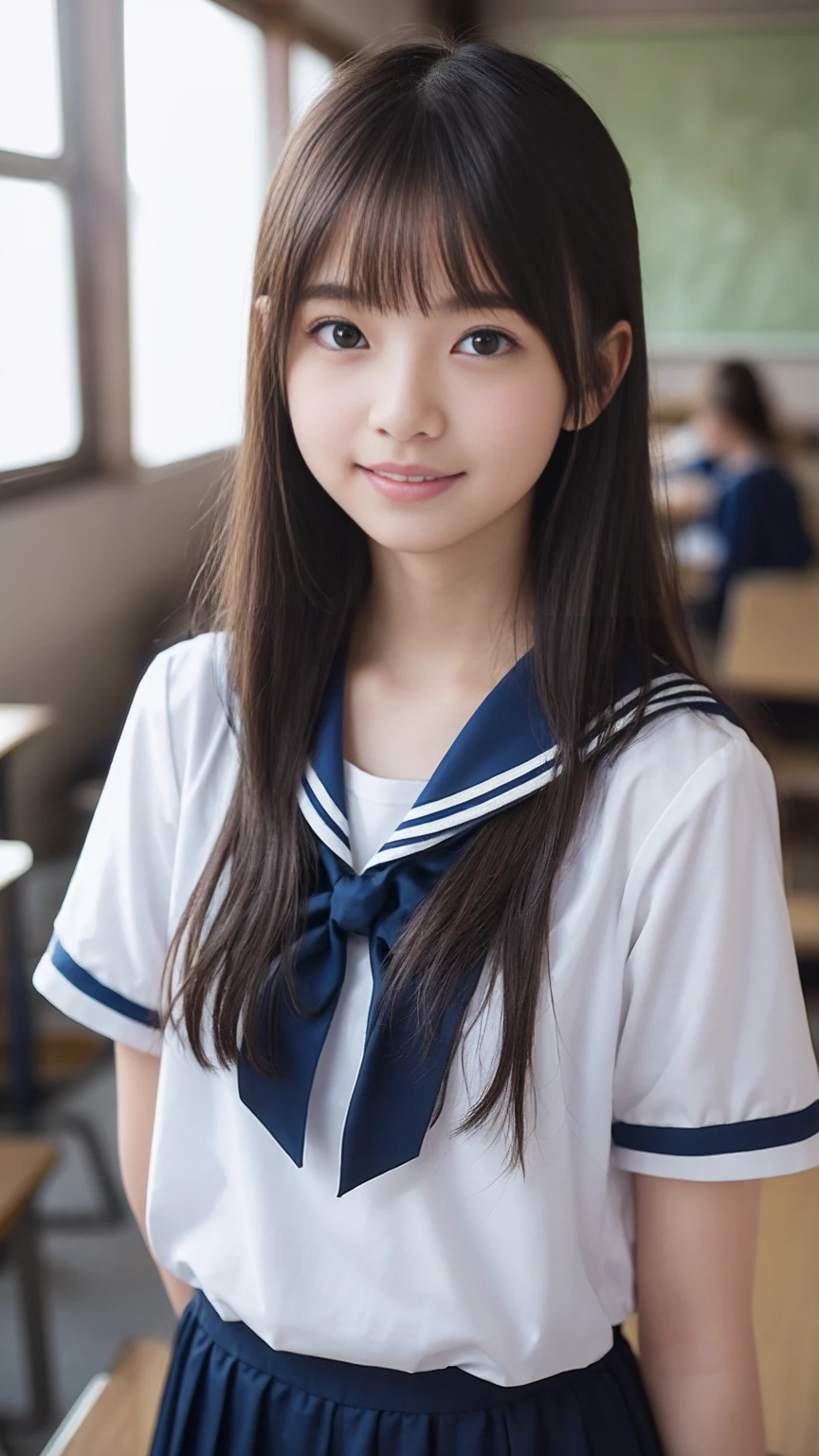 (masterpiece, highest quality:1.2), 8k, Young and beautiful girl, 85mm,Official AR RAW Photos, Baby Face、Big in clothes、show me your ears、photo shoot, Cute face, Thighs, Classroom after school, Looking at the floor, Embarrassing、smile、No makeup, Film Grain, chromatic aberration, Sharp focus, Face Light, Bright lighting, 10 generations, Detailed face, Background blur、((((((18 year old high school girl))))))、Narrow waist、Sailor suit、Not wearing a skir、vagina/Pussy