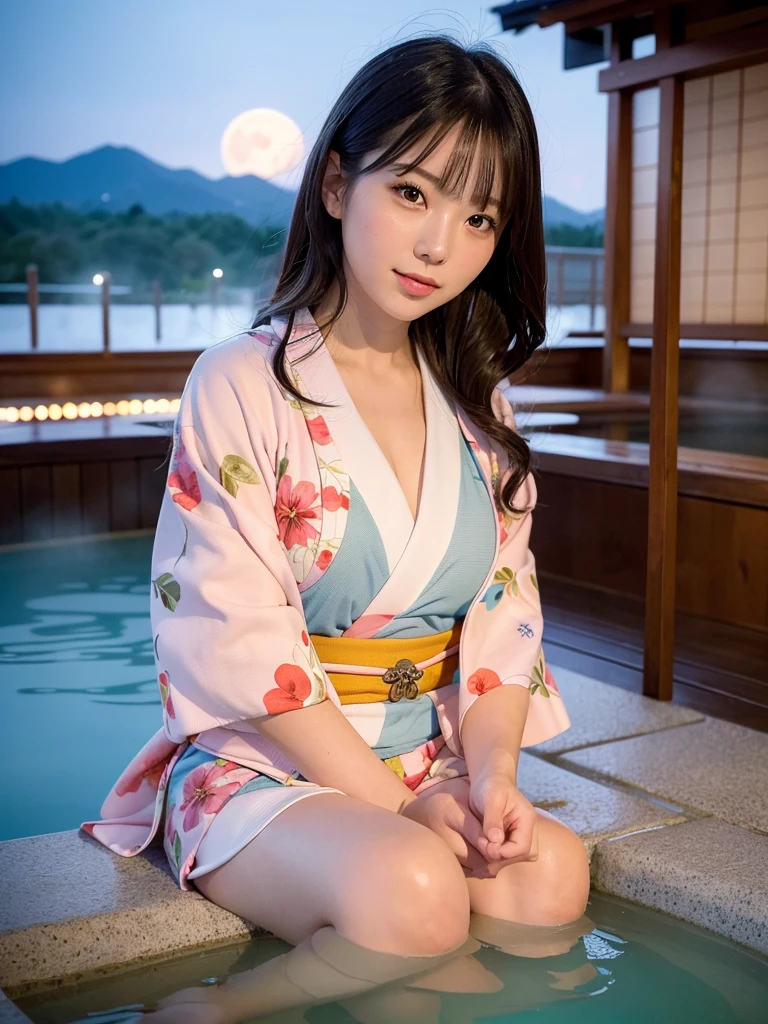 (colorful printed japanese Kimono: 1.2), ((of the highest quality, 8K, masutepiece: 1.3, Raw photo)), Sharp Focus: 1.2, (1 AESPA Girl :1.1), Solo, (Realistic, Photorealistic: 1.37), (Face Focus: 1.1), Cute face, hyperdetailed face, short messy hair, updo, Small breasts, flat chest, (open-air bath at night in a hot spring in Japan: 1.2), (blush: 1.2), (girl is Lying on the hot water: 1.3), moon light, Thigh