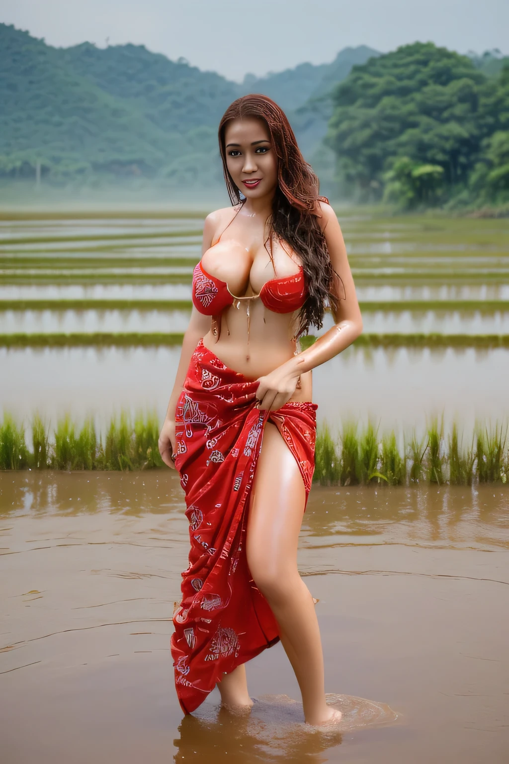 A Beautiful Girl, Fair-skinned, full body image, 20 years old, (gorgeous face, face shape., beautidul eyes, Beautiful Nose, Red mouth), (long-haired), ((Thai sarong)), ((bathe)), ((enormous breasts, breast augmentation, huge breast)), (((beautiful legs, Slender Legs), (body dripping wet), rice fields background, folk, natural