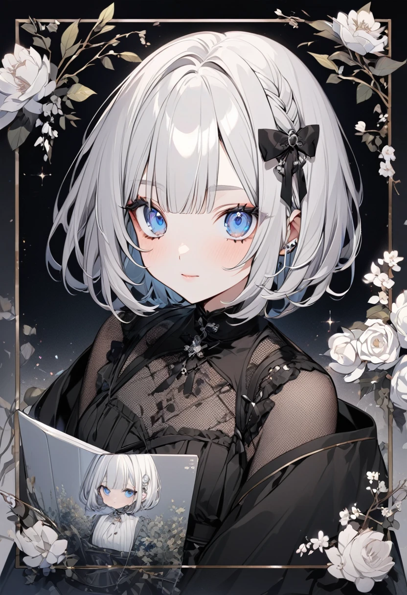 The person in the image appears to be a VTuber, an online content creator using a virtual avatar. Here are the features, including the clothing:
Hair: The VTuber has short, silver hair with bangs. The hair is styled in a short bob cut with black bows on each side.
Eyes: She has large, blue eyes with a gentle, slightly closed expression.
Clothing: She is wearing a black dress with lace details. The dress has a high collar and a unique crisscross pattern on the chest, adorned with floral designs.
Background: The background is white
Comments Section: On the right side of the screen, there is a live comment section in Japanese.
This VTuber has a cute and elegant appearance, with a gothic lolita-style outfit and short bob haircut.
