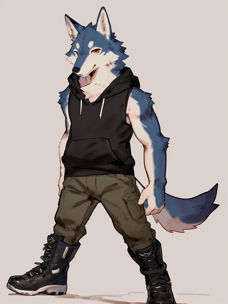 ((Best quality, masterpiece, detailed anatomy, detailed eyes, detailed hands, perfect lighting, perfect shading, no color, sketch line art)), by Buta99, by Bebebebebe, 1male, Wolf, furs, tight body, eyes, skinny chub body, young body, sleeveless hoodie, pants, boots, at the white background 