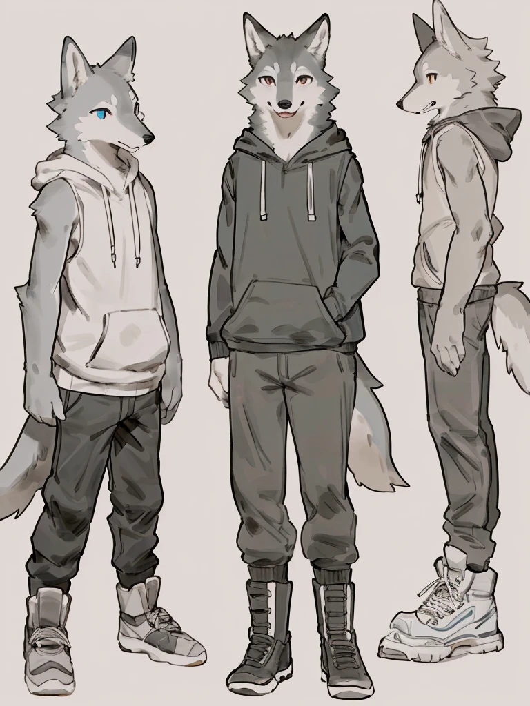 ((Best quality, masterpiece, detailed anatomy, detailed eyes, detailed hands, perfect lighting, perfect shading, no color, sketch line art)), by Buta99, by Bebebebebe, 1male, Wolf, furs, tight body, eyes, skinny chub body, young body, sleeveless hoodie, pants, boots, at the white background