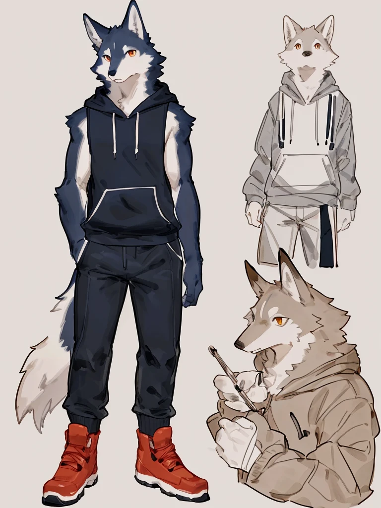 ((Best quality, masterpiece, detailed anatomy, detailed eyes, detailed hands, perfect lighting, perfect shading, no color, sketch line art)), by Buta99, by Bebebebebe, 1male, Wolf, furs, tight body, eyes, skinny chub body, young body, sleeveless hoodie, pants, boots, at the white background