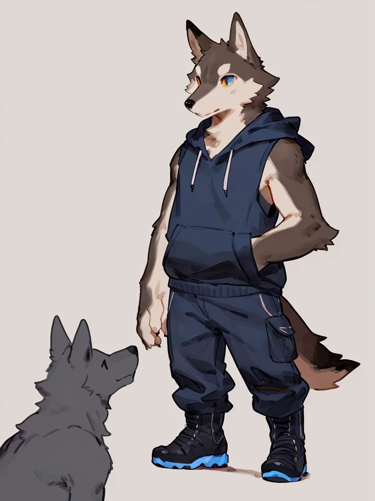 ((Best quality, masterpiece, detailed anatomy, detailed eyes, detailed hands, perfect lighting, perfect shading, no color, sketch line art)), by Buta99, by Bebebebebe, 1male, Wolf, furs, tight body, eyes, skinny chub body, young body, sleeveless hoodie, pants, boots, at the white background 