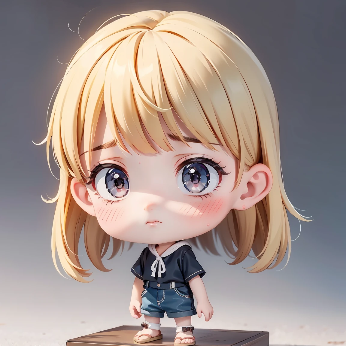  Super Chibi Character：1.8、wearing cute sandals、background：Simple all over、Blonde Hair、Cute 7 year old girl、Random cute outfits、Short legs、Sandals with ribbon、He has a depressed and gloomy look on his face.、He has a depressed and gloomy look on his face.、He has a depressed and gloomy look on his face.、He has a worried look on his face.、He has a worried look on his face.、He has a worried look on his face.