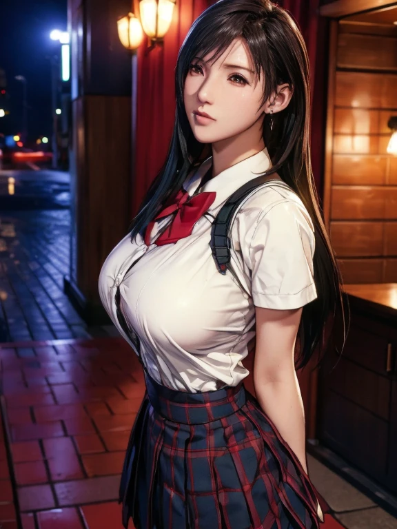 school girl uniform , steam , rain , plaid skirt , pleated skirt , The shirt is tight. , white shirt , school girl , red bow , red knot , highly detailed photo of Tifa Lockhart posing, final fantasy 7 remake, red eyes, intricate, highres, 8k, detailed hair, detailed skin, masterpiece, very long hair,  award-winning photography, sharp focus, dramatic lighting, unreal engine 5