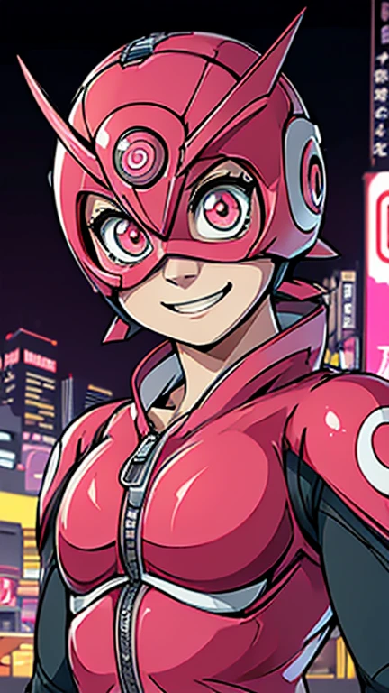 (8k),(masterpiece),(Japanese),(8--old l),((innocent look)),((Childish)),From the front,smile,cute,Innocent,Kind eyes,Flat chest, red helmet,pink domino mask, Haruno Sakura, bald,no Hair,Strong wind,night,dark, Neon light cyberpunk city,Kamen_Rider, upper body close up 