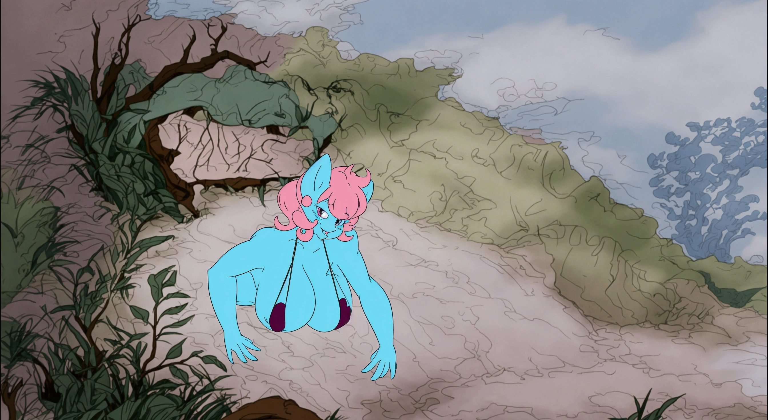 cartoon of a blue and pink creature hanging from a sign, don bluth animation, don bluth!!!, don bluth!!, production animation cel, disney 2d animation still, disney 2d traditional animation, inspired by Don Bluth, shaded animation cel, in style of disney animation, don!!! bluth!!!, inspired by John Altoon