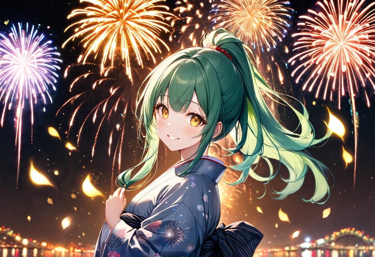(Heart Shape, many:1.2 fireworks), (a ponytail green hair very long hair cute girl, lovely yellow eyes, love smile, medium:1.3 ), (in a beautiful yukata with double exposure:1.2 of fireworks), BREAK, 16k, beautiful detailed silhouette.