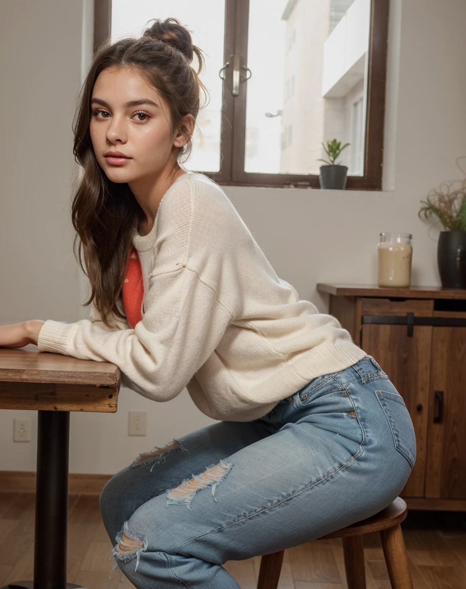 1girl, beautiful sexy super model, 22 years old,tanned brown skin, full makeup,natural lightning, beautiful perfect face, medium sized breats, body,medium ass , body, slim figure, correct anatomy, bright eyes, realistic body, photorealistic, 16k resolutions, raw photo, high detail, high quality, sharp focus, dynamic light, high depth, half body,front photo pose,Shes dressed in a cozy, oversized sweater in a soft cream color, paired with dark-washed jeans that hug her figure comfortably. Her crimped, two-tone hair is pulled back into a loose bun, a few strands framing her face. She’s seated at a wooden table at home.