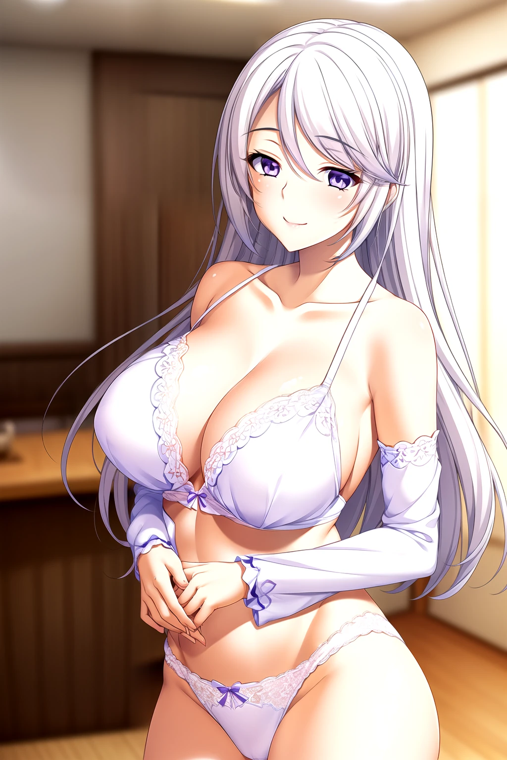 2 girls, 2 female, mother(Blue eyes, Blonde Hair) and daughter(violet eyes, White Hair), mother (Watase Otoha, Blue eyes, Blonde Hair), daughter(Watase Nagisa, violet eyes, White Hair),Light滑的皮肤, Good, lace, underwear,Full body pictures, 25 years old,Young women,beautiful Finger,beautiful long legs,beautiful body,beautiful Nose,beautiful character design, perfect Eye, perfect Face,expressive Eye,Perfect balance, Looking at the audience,(Focus on her Face),housing, (Innocent_Big goals_Eye:1.0),Light_Smile, Official Art,Very detailed CG unity 8k wallpaper, Perfect lighting,rich and colorful, bright_front_Face_Lighting,Light skin, (masterpiece:1.0),(the best_quality:1.0), Ultra-high resolution,4K,Very detailed, photography, 8K, Human Development Report, high resolution, absurd:1.2, Kodak Portrait 400, Film Grain, Blurred background, Bokeh:1.2, Lens Light Halo, (Energetic_color:1.2),专业photography师, (beautiful,Chest:1.3 (beautiful_Face:1.5),(narrow_waist),Smile, Happy，Slim,2 girls, mother and daughter, Good, underwear, 2 girls, mother(Blue eyes, Blonde Hair) and daughter(violet eyes, White Hair)