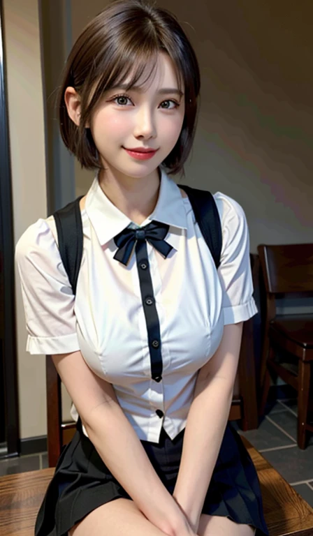 (8k, RAW Photos, Highest quality, masterpiece:1.2), (Realistic, photo-Realistic:1.37), Very detailed, 1 girl,cute, alone,Beautifully detailed skies,Detailed Cafe,night,Sitting,Date,(Red nose),(smile:1.1),(Mouth closed),Large , seductive smile, Large opening, Professional Lighting, Sony A7R4, Zesse 50mm F1.8, Medium chest,Beautiful attention to detail,(Collared shirt:1.1), bow tie,Pleated skirt,(short hair:1.2),Floating Hair