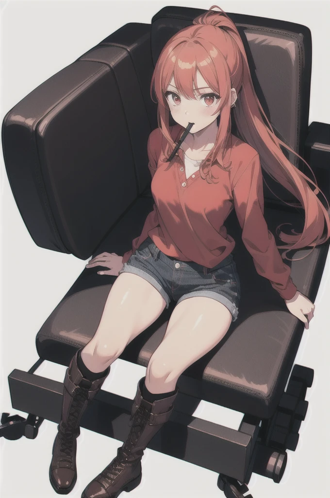 ((Full Body Shot)), ((No background)), ((White Background)), Line art, figure, masterpiece, Super detailed, High resolution, high quality, industrial use, engineer,One girl, alone, {{{Red and gold eyes}}}, In-person audience, Mouth closed, Very long red hair tied in a ponytail, Sitting, Wearing a red shirt, Short black denim shorts, red and black boots, Tender chest.