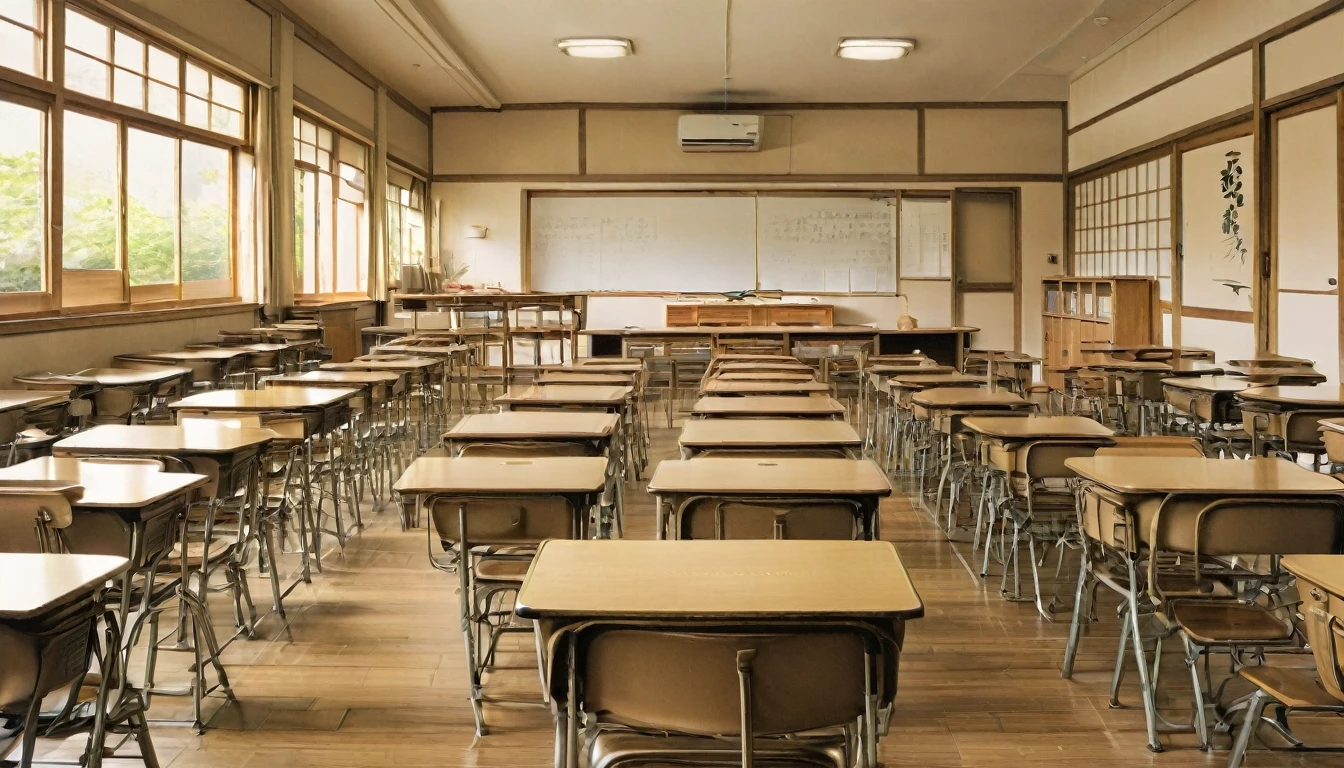 "Sepia-toned memory of a typical Japanese high school classroom, empty chairs and desks"