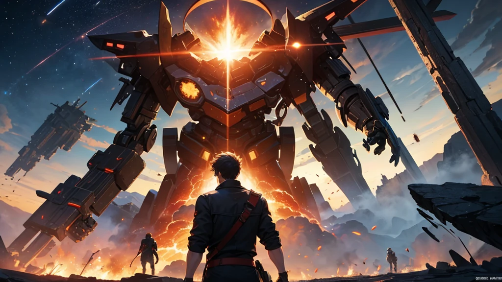 one  men , Fighting a giant robot ,destroyed cenario , sparks of fire , epic scenery , man with sword, black hole in the sky 