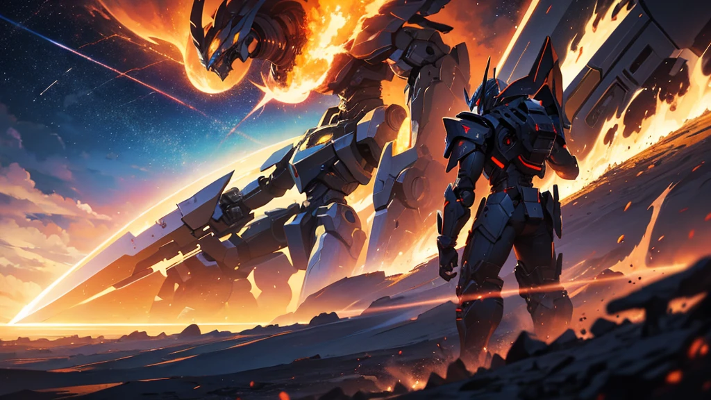 one  men , Fighting a giant robot ,destroyed cenario , sparks of fire , epic scenery , man with sword, black hole in the sky 