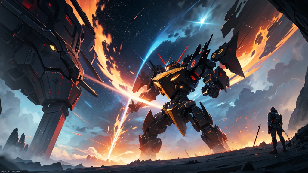 one  men , Fighting a giant robot ,destroyed cenario , sparks of fire , epic scenery , man with sword, black hole in the sky 