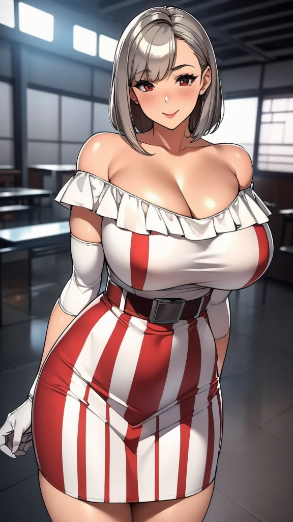 8k，best quality，masterpiece，Very detailed，Semi-realistic，a girl，White off-shoulder top，White gloves，White and red striped tight skirt，silver short hairstyle，Red eyes，Makeup Eyeshadow，Lipstick，Smile，science fiction apocalypse，Fighter warehouse，chest mecha，Large Breasts，Arm mecha，Mecha belt