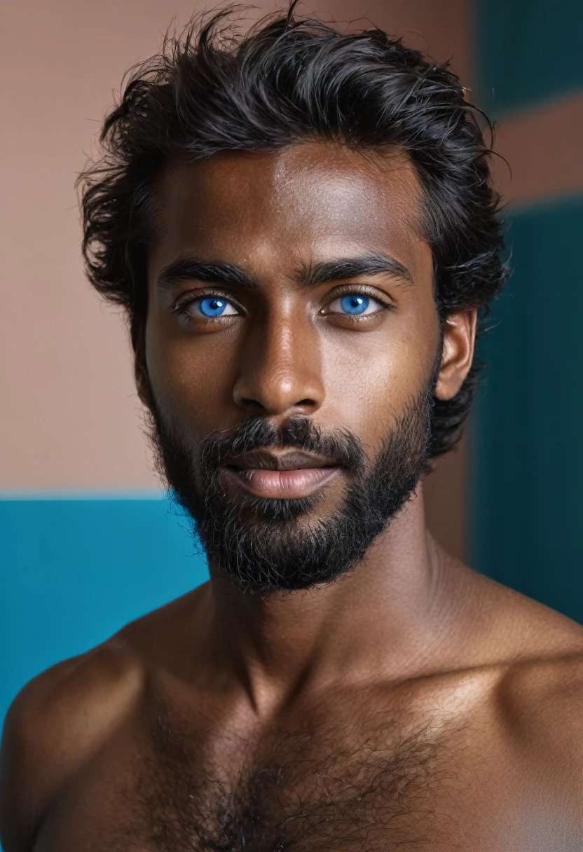 man, 25 years old, very hairy, (blue eyes), (medium dark skin), handsome, no shirt, hairy , from Libia, FUJIFILM, cinematography, 16k, uhd, in a studio
