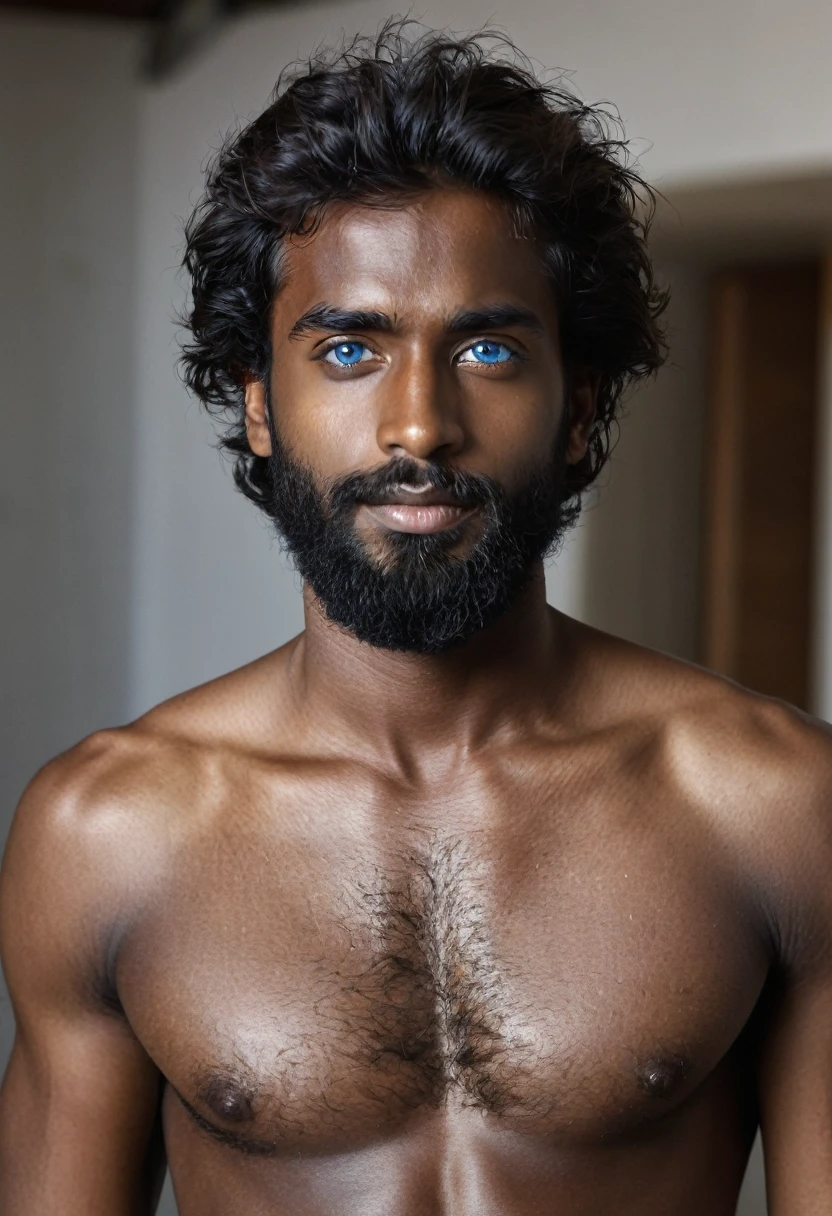 man, 25 years old, very hairy, (blue eyes), (medium dark skin), handsome, no shirt, hairy chest, from Libia, FUJIFILM, cinematography, 16k, uhd, in a studio